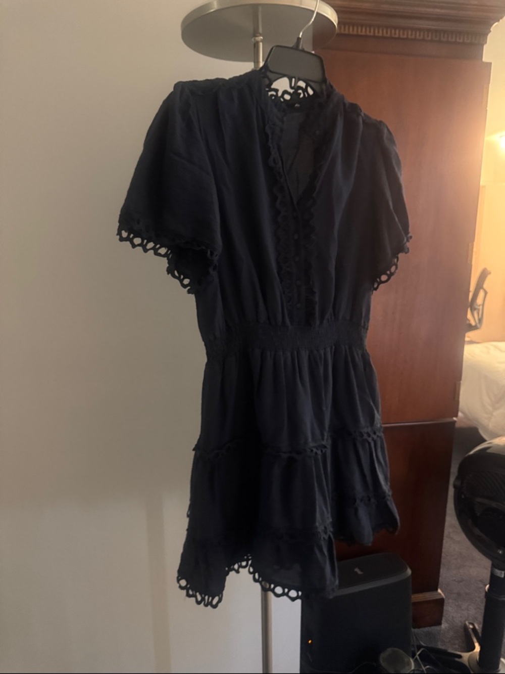 AQUA - Navy Eyelet Trim Tiered Mini Dress.  Size Large